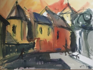 Pittura intitolato "Place de l'Église" da Jean Retif, Opera d'arte originale, Gouache