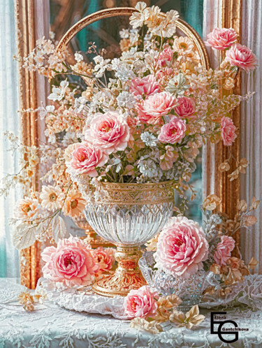 Timeless Beauty- A Luxurious Floral Still Life. Blooming Elegance- A Symphony of Roses and Crystal. Fotografia zatytułowany „Timeless Beauty- A…” autorstwa Elegantchikova, Oryginalna praca, Akryl