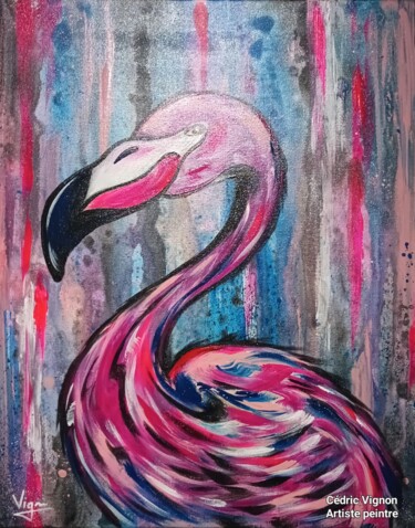 绘画 标题为“Peinture Flamant ro…” 由Cédric Vignon, 原创艺术品, 丙烯 安装在木质担架架上