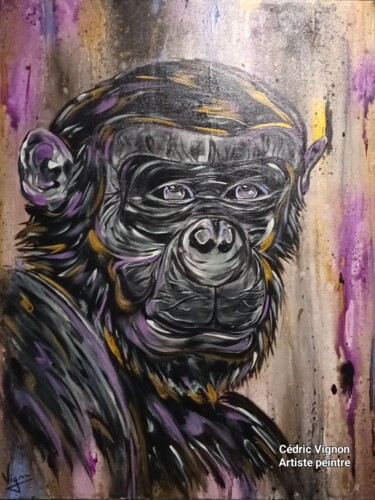 绘画 标题为“Peinture singe monk…” 由Cédric Vignon, 原创艺术品, 丙烯 安装在木质担架架上