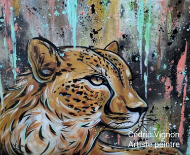 绘画 标题为“Peinture leopard an…” 由Cédric Vignon, 原创艺术品, 丙烯 安装在木质担架架上