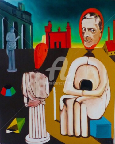 Painting titled "Chirico surpris par…" by Esdez, Original Artwork, Fabric