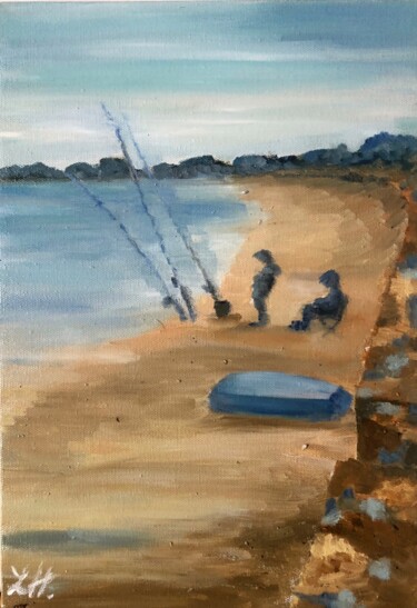 Peinture intitulée "Les Pêcheurs du Soir" par Laurène Hillion, Œuvre d'art originale, Huile