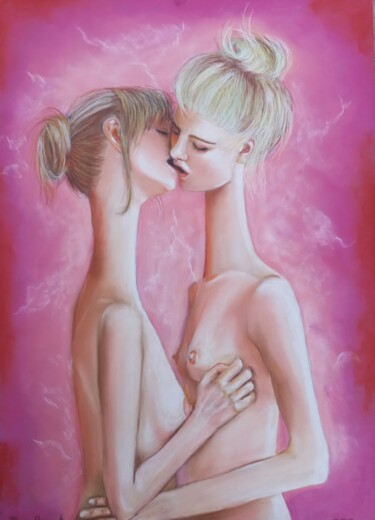 Рисунок под названием "les amoureuses" - The Papart, Подлинное произведение искусства, Пастель