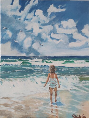 Painting titled "Petite fille à la m…" by Patrick Foi, Original Artwork, Acrylic Mounted on Wood Stretcher frame