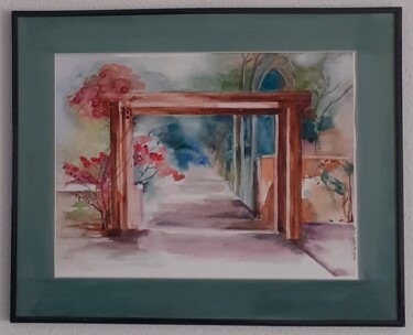 Peinture intitulée "porte fleurie" par Garonne Garonne, Œuvre d'art originale, Aquarelle