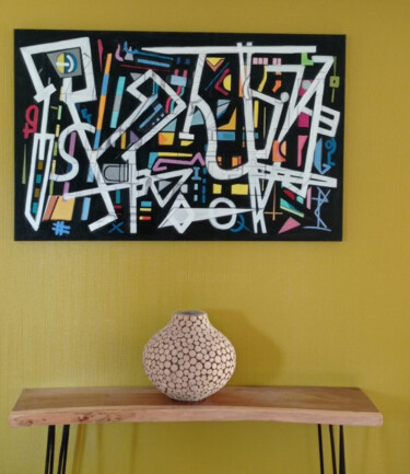 Painting titled "Black and Color 1" by Christian Vernier, Original Artwork, Fabric