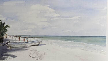 Peinture intitulée "peche ou plage" par Gabrielle, Œuvre d'art originale, Aquarelle