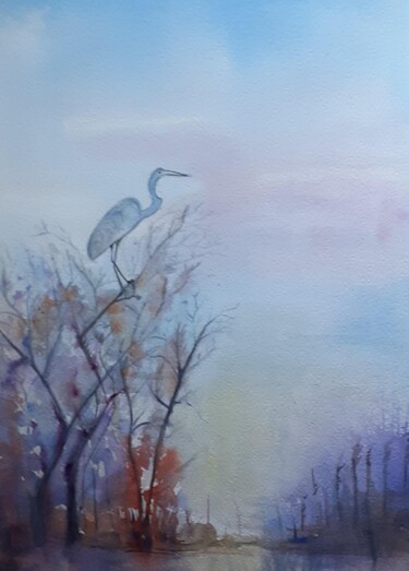 Peinture intitulée "Le héron camarguais" par Garonne Garonne, Œuvre d'art originale, Aquarelle