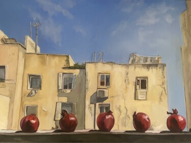 Pomegranates and Yellow Urban Building Painting titled "Pomegranates and Ye…" by Victoria Kukuy, Original Artwork, Oil Mounted on Wood Stretcher frame