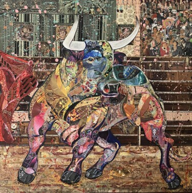 my ragng bull Collages titled "my ragng bull" by Moira Mcainsh, Original Artwork, Collages Mounted on Wood Stretcher frame