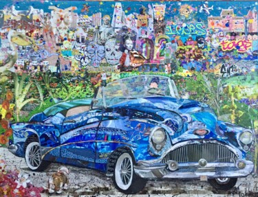 chiko and the blue cadillac Κολάζ με τίτλο "chiko and the blue…" από Moira Mcainsh, Αυθεντικά έργα τέχνης, Κολάζ Τοποθετήθηκε στο Ξύλινο φορείο σκελετό