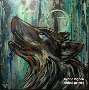绘画 标题为“Peinture loup anima…” 由Cédric Vignon, 原创艺术品, 丙烯 安装在木质担架架上