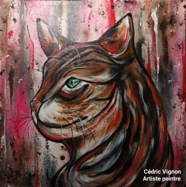 绘画 标题为“Peinture chat cat a…” 由Cédric Vignon, 原创艺术品, 丙烯 安装在木质担架架上