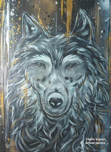绘画 标题为“Peinture loup wolf…” 由Cédric Vignon, 原创艺术品, 丙烯 安装在木质担架架上