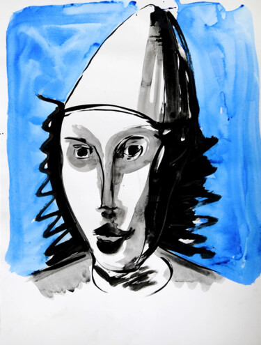 Рисунок под названием "Autoportrait en clo…" - Ilya Grinberg, Подлинное произведение искусства, Чернила