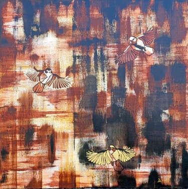 Schilderij getiteld "Vol de mésanges (or)" door Amélie Romet, Origineel Kunstwerk, Acryl