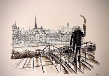 Drawing titled "Le porteur de flamme" by Bdv, Original Artwork, Textile fiber