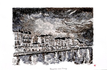 Drawing titled "Bayonne sous l'orage" by Bdv, Original Artwork, Textile fiber