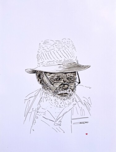 Drawing titled "Le vieux" by Bdv, Original Artwork, Textile fiber