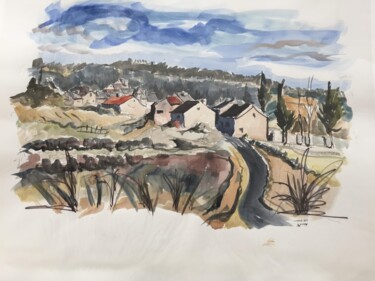Tekening getiteld "Village de Lozère,…" door Jean Retif, Origineel Kunstwerk, Aquarel