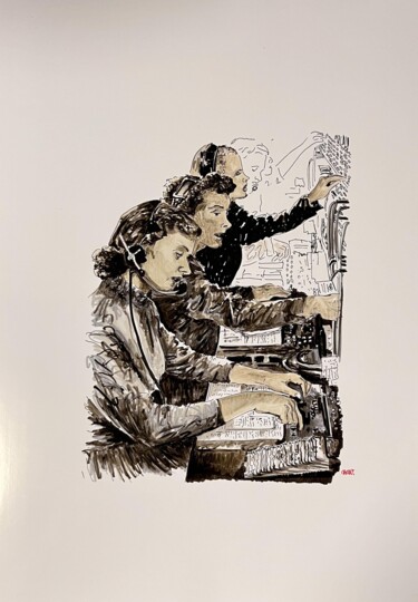 Drawing titled "Les dames du téléph…" by Bdv, Original Artwork, Textile fiber