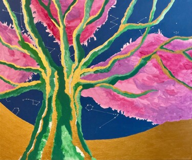 Schilderij getiteld "L'arbre cosmique" door Cécile White, Origineel Kunstwerk, Acryl Gemonteerd op Frame voor houten brancard