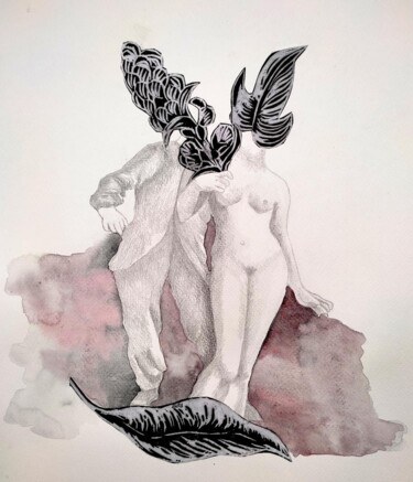Collages intitulée "L'amour en visite" par Delphine Epron, Œuvre d'art originale, Aquarelle