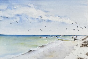 Peinture intitulée "La pêche à Holbox" par Gabrielle, Œuvre d'art originale, Aquarelle
