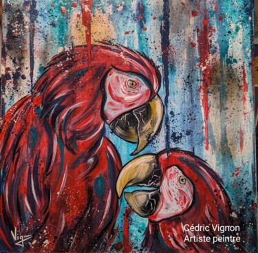 Schilderij getiteld "Peinture Perroquet…" door Cédric Vignon, Origineel Kunstwerk, Acryl Gemonteerd op Frame voor houten bra…