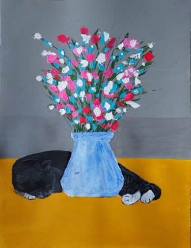 「Le chat et le vase 」というタイトルの絵画 Axelle Biltgenによって, オリジナルのアートワーク, アクリル
