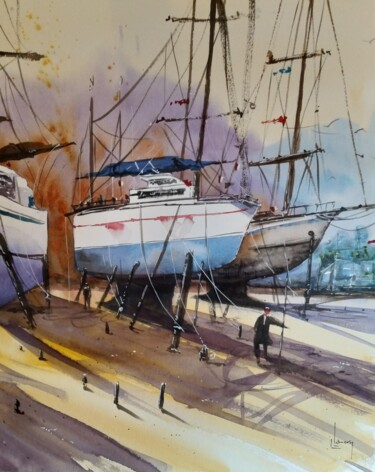 Tekening getiteld "En cale" door Laurent Lancry, Origineel Kunstwerk, Aquarel