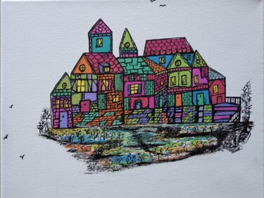 Картина под названием "VILLAGE" - Yammes, Подлинное произведение искусства, Чернила