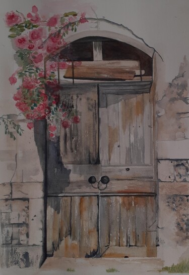 Peinture intitulée "une vieille porte s…" par Garonne Garonne, Œuvre d'art originale, Aquarelle