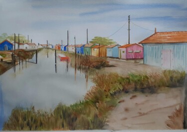 Peinture intitulée "les cabanes des ost…" par Garonne Garonne, Œuvre d'art originale, Aquarelle
