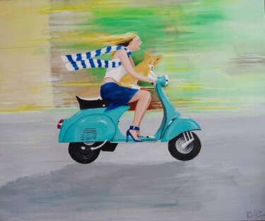 Pittura intitolato "Corgi on a Vespa" da Paul Sullivan, Opera d'arte originale, Acrilico Montato su Telaio per barella in le…
