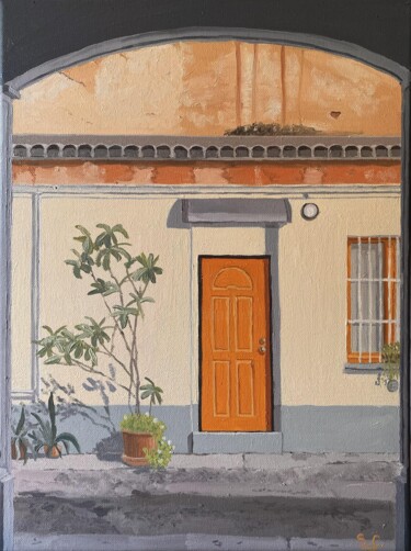 Painting titled "La porte dérobée" by Sophie Cousineau, Original Artwork, Oil Mounted on Wood Stretcher frame