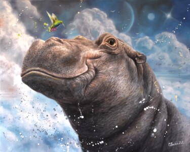绘画 标题为“HIPPOPOTAMUS” 由Carine Lauber, 原创艺术品, 油 安装在木质担架架上