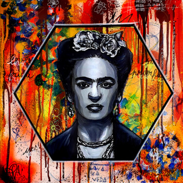 绘画 标题为“Frida Kahlo Peintur…” 由Pvettese, 原创艺术品, 气雾剂 安装在木质担架架上