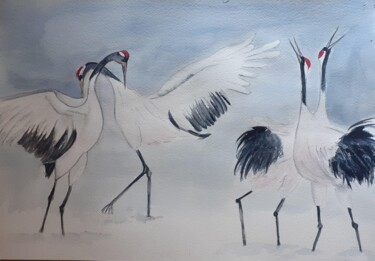 Peinture intitulée "la danse des grues" par Garonne Garonne, Œuvre d'art originale, Aquarelle
