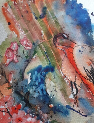 Peinture intitulée "la grue rouge 2" par Garonne Garonne, Œuvre d'art originale, Aquarelle