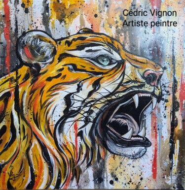 绘画 标题为“Peinture tigre anim…” 由Cédric Vignon, 原创艺术品, 丙烯 安装在木质担架架上