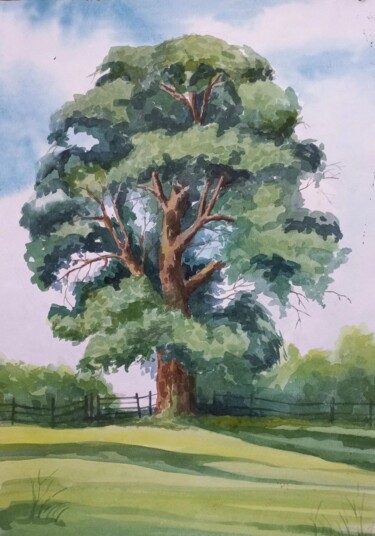 Painting titled "А tree in a field.…" by Katerina Kach, Original Artwork, Watercolor