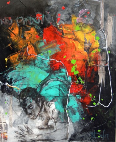 Collages getiteld "BATTLE" door Ndefer, Origineel Kunstwerk, Acryl Gemonteerd op Frame voor houten brancard