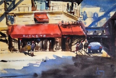 Desenho intitulada "Bistrot Auguste" por Laurent Lancry, Obras de arte originais, Aquarela