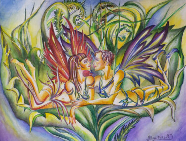 绘画 标题为“Elfen im Zaubergart…” 由Olga Milova, 原创艺术品, 铅笔 安装在纸板上