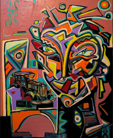 Schilderij getiteld "Cubic Life" door Condrache, Origineel Kunstwerk, Olie Gemonteerd op Frame voor houten brancard