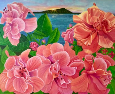 Sunrise Blossoms of Diamond Head Schilderij getiteld "Sunrise Blossoms of…" door Galina Lintz, Origineel Kunstwerk, Olie Gemonteerd op Frame voor houten bran…