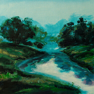 The Moonlit River Pittura intitolato "The Moonlit River" da Artist Gurdish Pannu Punjabi Painting Gallery, Opera d'arte originale, Acrilico