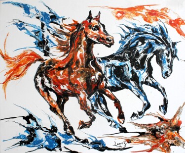 Ζωγραφική με τίτλο "1793 Deux chevaux a…" από Jean-Luc Lopez, Αυθεντικά έργα τέχνης, Ακρυλικό Τοποθετήθηκε στο Ξύλινο φορείο…